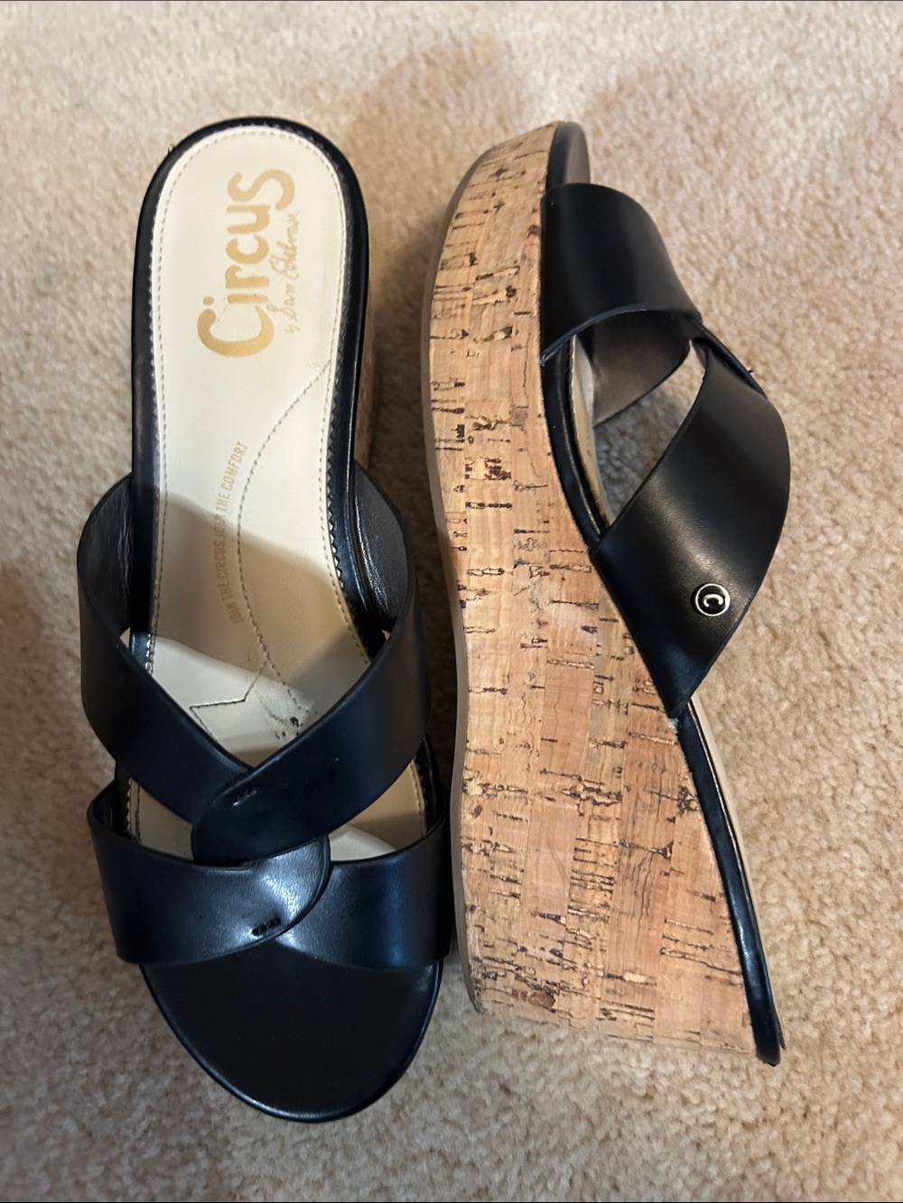 Circus by Sam Edelman Black Leather Cork Wedge Slide Sandals
